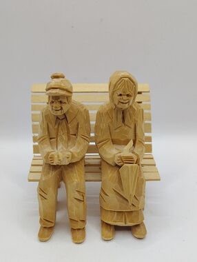 Vintage Folk Art Wood Carving Of Canadian Couple On Park Bench, Signed D. Daigle
